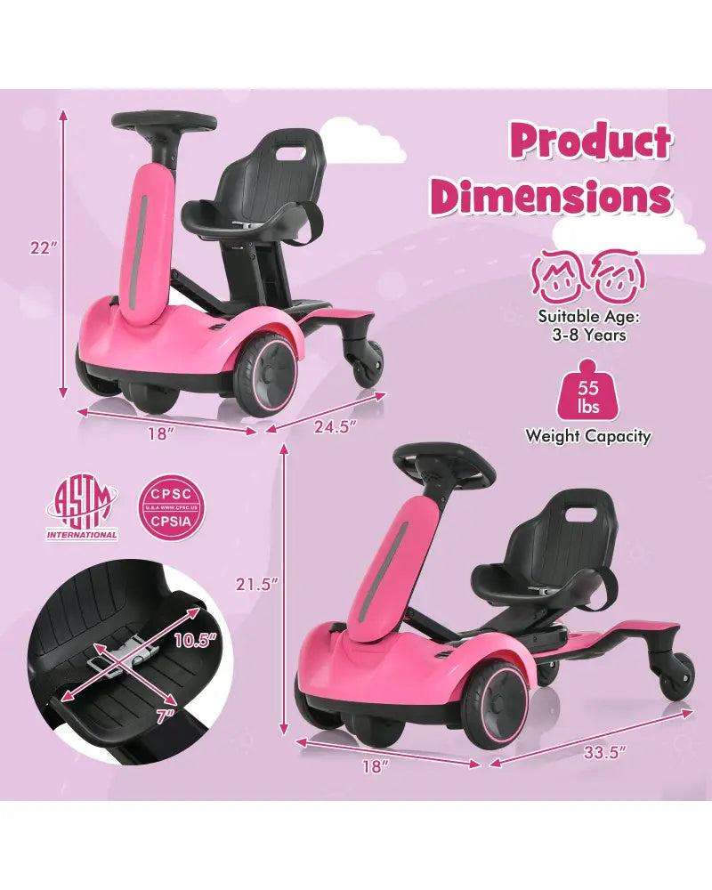 6V Kids Ride on Drift Car with 360° Spin and 2 Adjustable Heights-Pink - Pink - Powered Ride On Toys