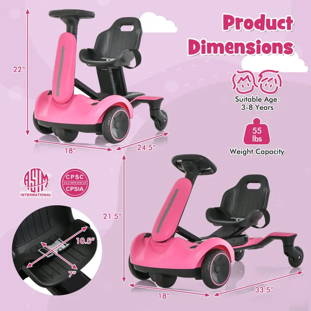 6V Kids Ride on Drift Car with 360° Spin and 2 Adjustable Heights-Pink - Pink - Powered Ride On Toys