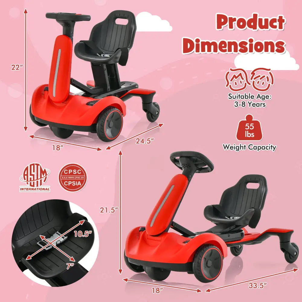 6V Kids Ride on Drift Car with 360° Spin and 2 Adjustable Heights-Red - Red - Powered Ride On Toys