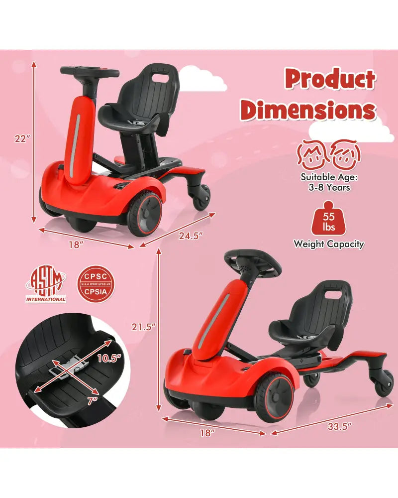 6V Kids Ride on Drift Car with 360° Spin and 2 Adjustable Heights-Red - Red - Powered Ride On Toys