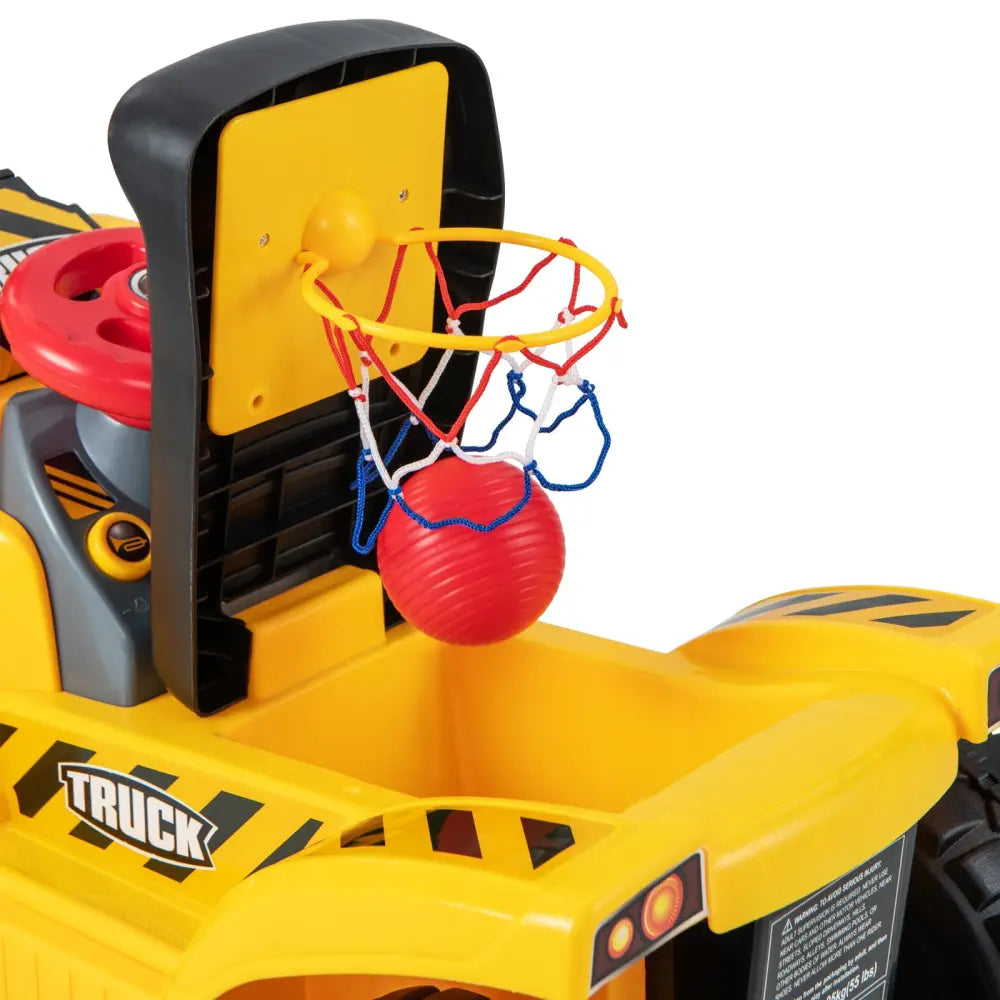 6V Kids Ride On Excavator Fun Digger with Folding Basketball Hoop - Yellow - Powered Ride On Toys