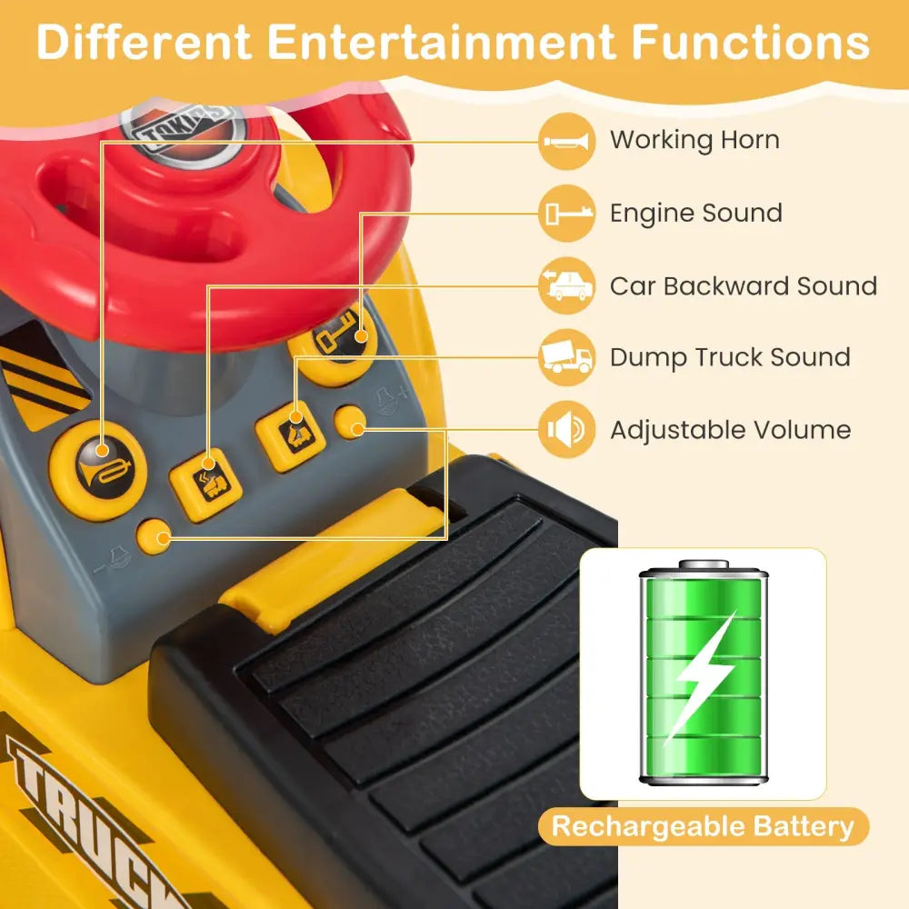 6V Kids Ride On Excavator Fun Digger with Folding Basketball Hoop - Yellow - Powered Ride On Toys