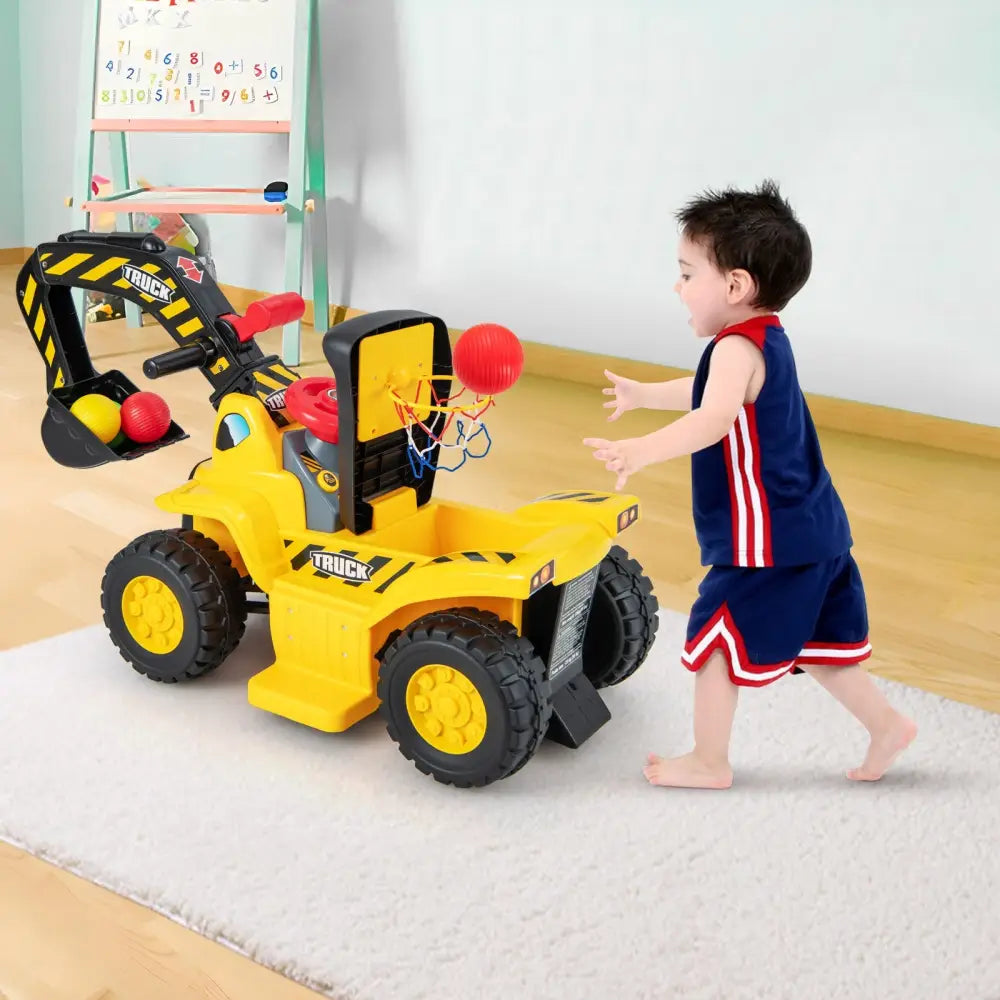 6V Kids Ride On Excavator Fun Digger with Folding Basketball Hoop - Yellow - Powered Ride On Toys