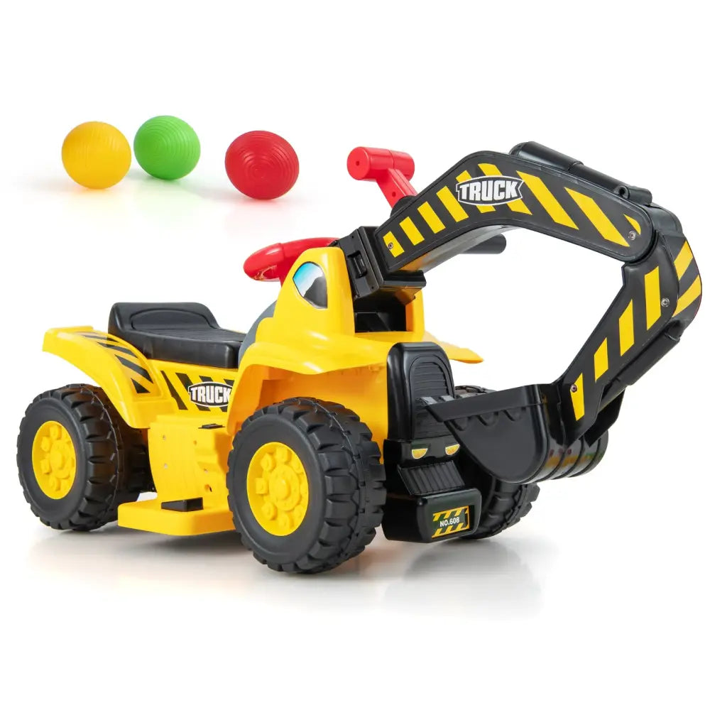 6V Kids Ride On Excavator Fun Digger with Folding Basketball Hoop - Yellow - Powered Ride On Toys