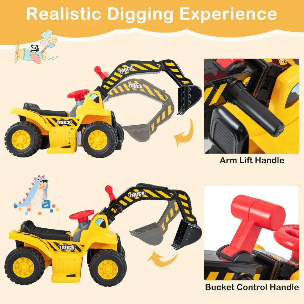 6V Kids Ride On Excavator Fun Digger with Folding Basketball Hoop - Yellow - Powered Ride On Toys