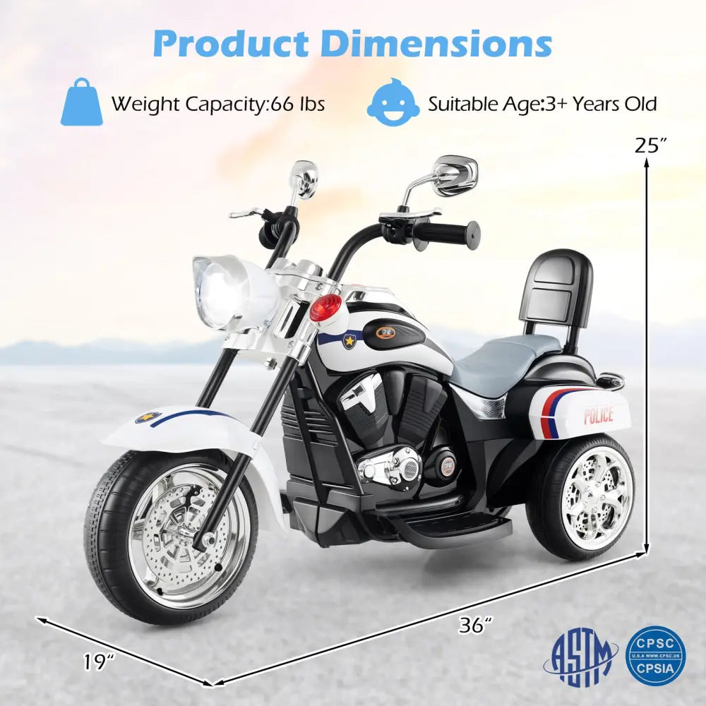 6V Powered Toddler 3-Wheel Motorbike Ride On Toy with Horn and Headlight-Black and White - Black & White - Powered Ride