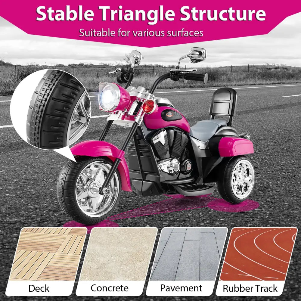 6V Powered Toddler 3-Wheel Motorbike Ride On Toy with Horn and Headlight-Hot Pink - Hot Pink - Powered Ride On Toys