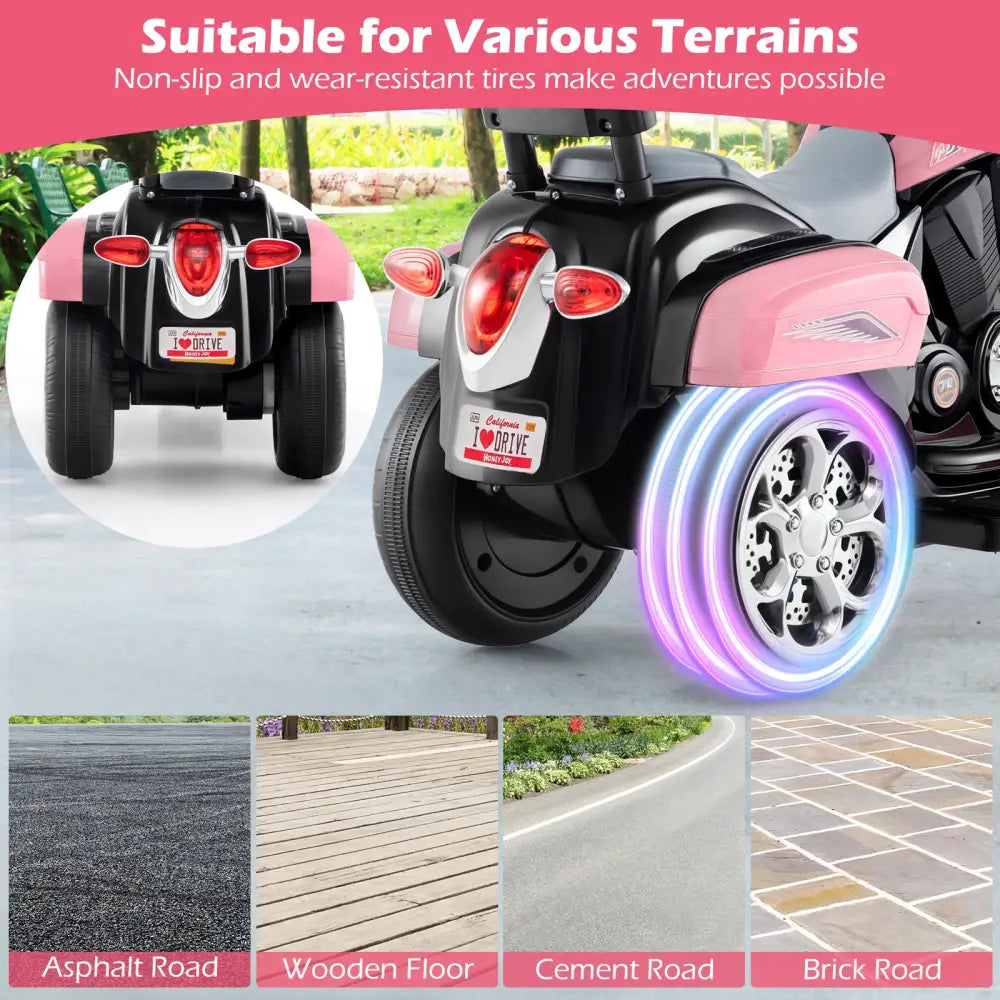 6V Powered Toddler 3-Wheel Motorbike Ride On Toy with Horn and Headlight-Heart Pink - Heart Pink - Powered Ride On Toys