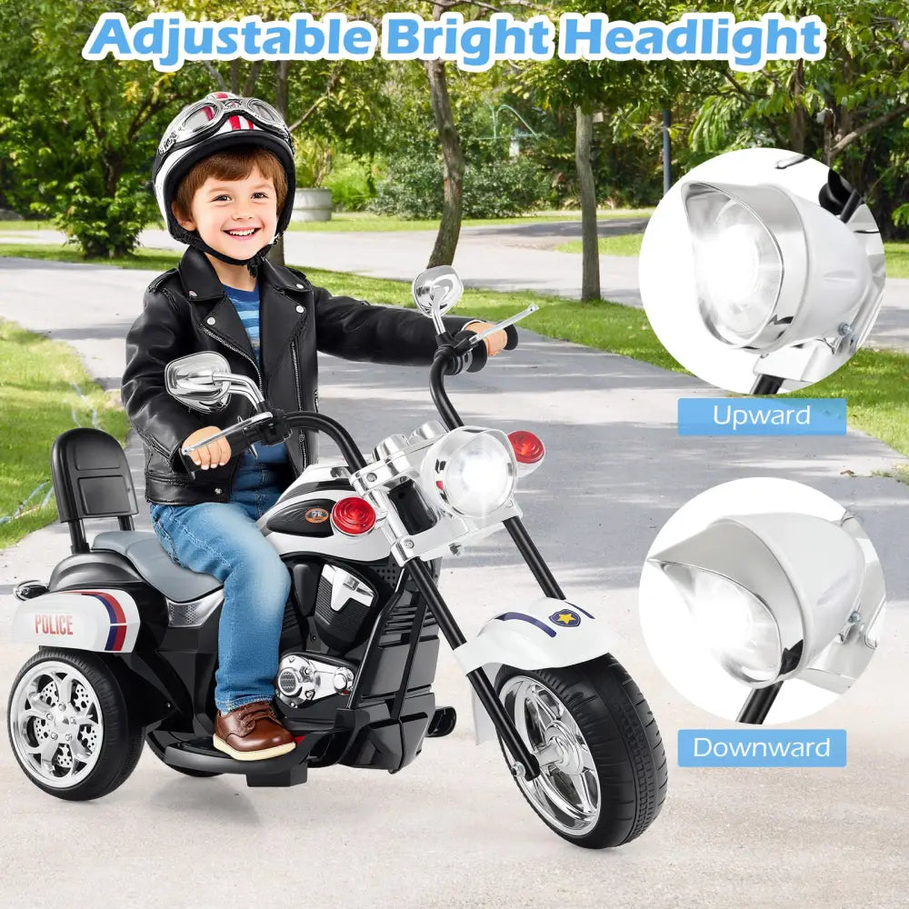 6V Powered Toddler 3-Wheel Motorbike Ride On Toy with Horn and Headlight-Black and White - Black & White - Powered Ride