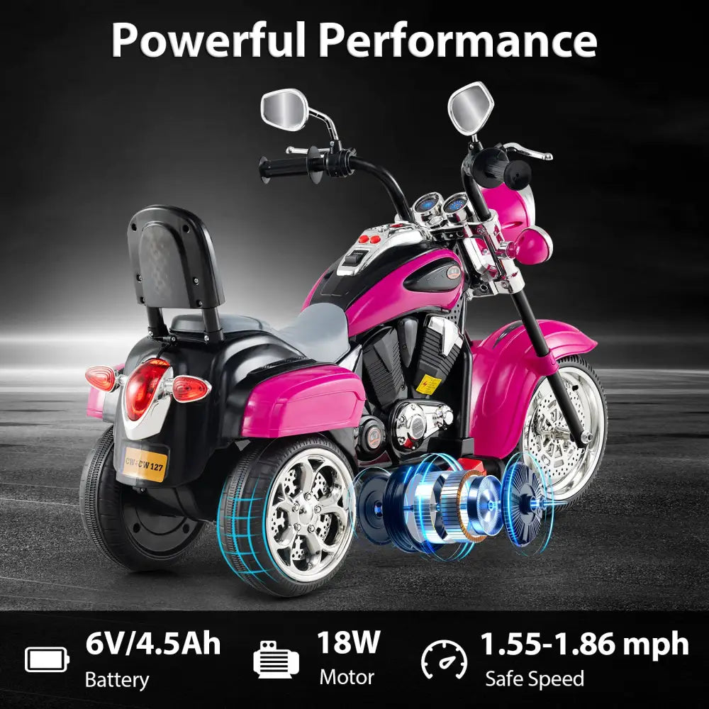 6V Powered Toddler 3-Wheel Motorbike Ride On Toy with Horn and Headlight-Hot Pink - Hot Pink - Powered Ride On Toys