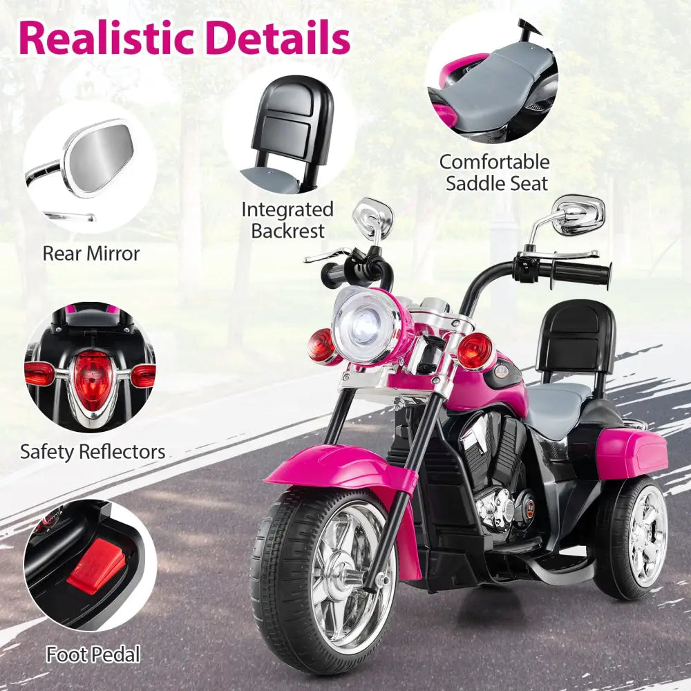 6V Powered Toddler 3-Wheel Motorbike Ride On Toy with Horn and Headlight-Hot Pink - Hot Pink - Powered Ride On Toys