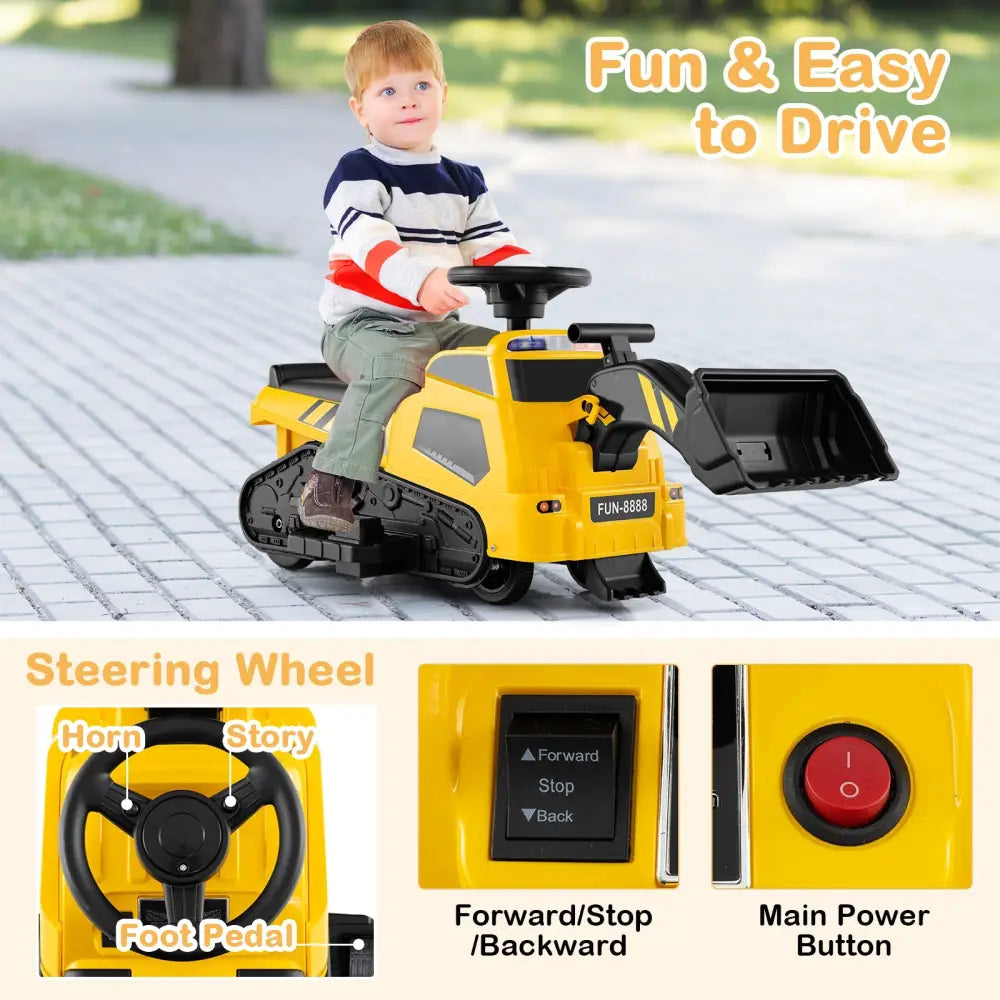 6V Ride on Tractor 3-in-1 Electric Excavator with Adjustable Arms and Music-Yellow - Yellow - Powered Ride On Toys