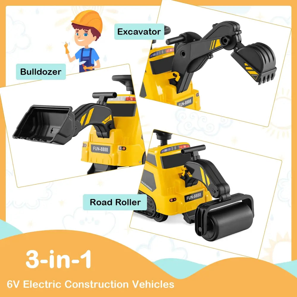 6V Ride on Tractor 3-in-1 Electric Excavator with Adjustable Arms and Music-Yellow - Yellow - Powered Ride On Toys