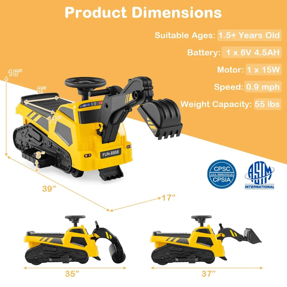 6V Ride on Tractor 3-in-1 Electric Excavator with Adjustable Arms and Music-Yellow - Yellow - Powered Ride On Toys