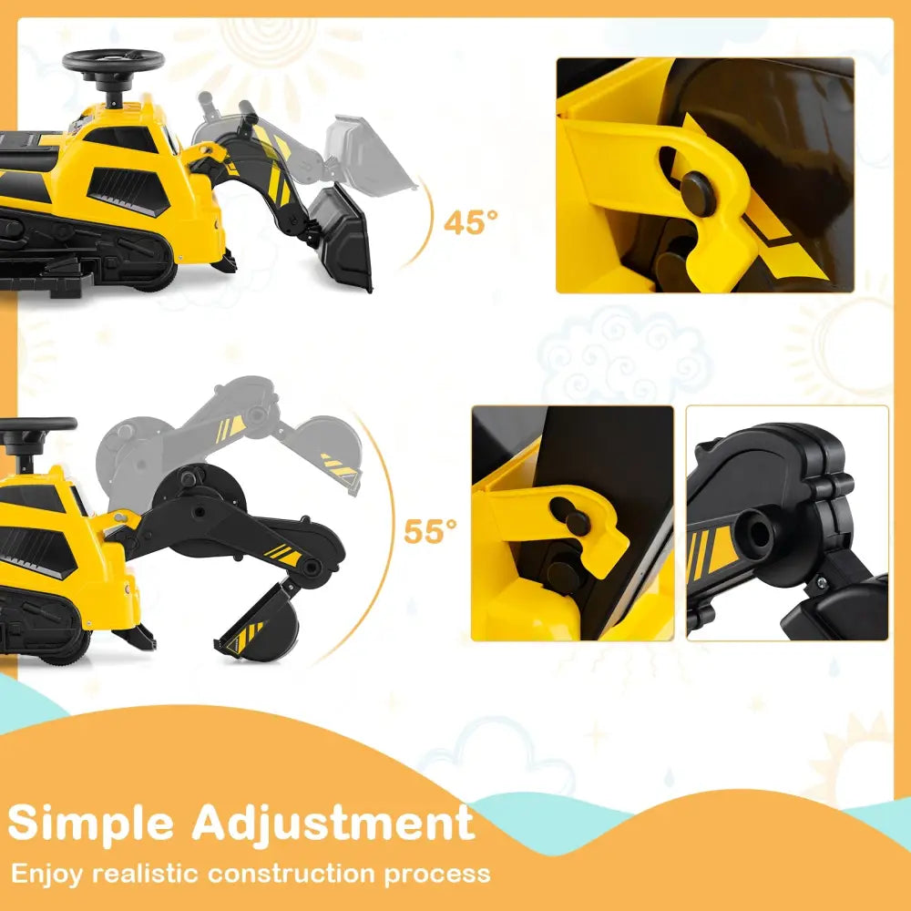 6V Ride on Tractor 3-in-1 Electric Excavator with Adjustable Arms and Music-Yellow - Yellow - Powered Ride On Toys