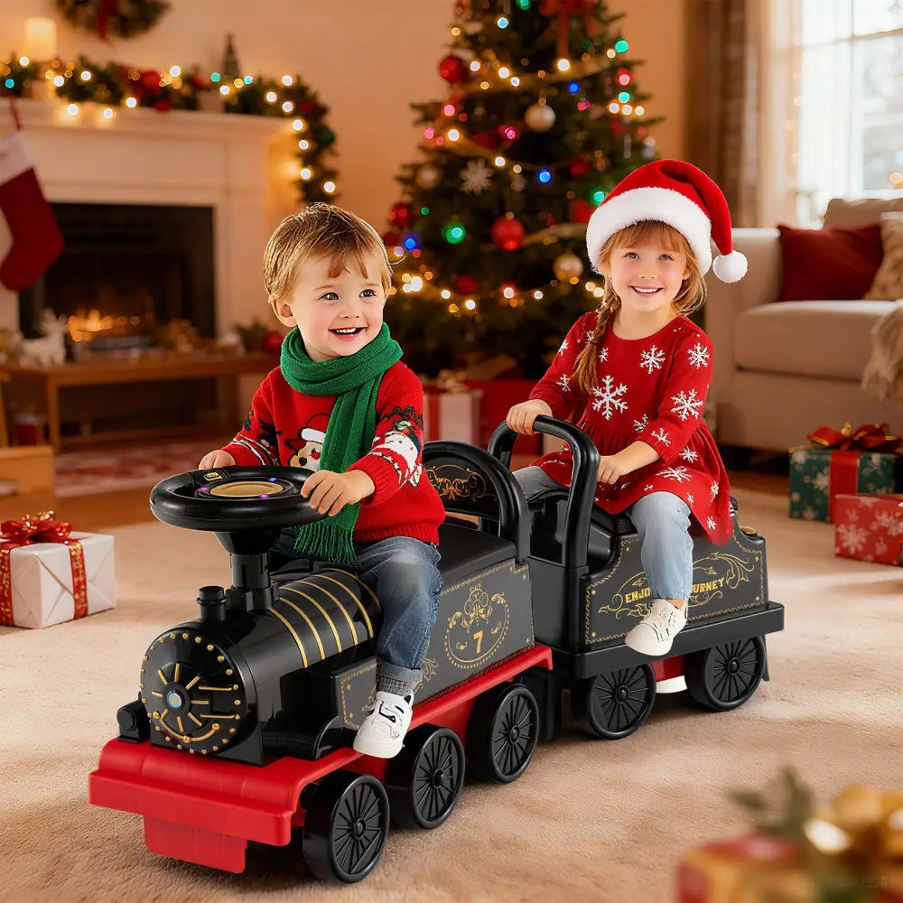 6V Ride on Train 2-Seater with Carriage and Flashing LED Lights-Black - Black - Powered Ride On Toys