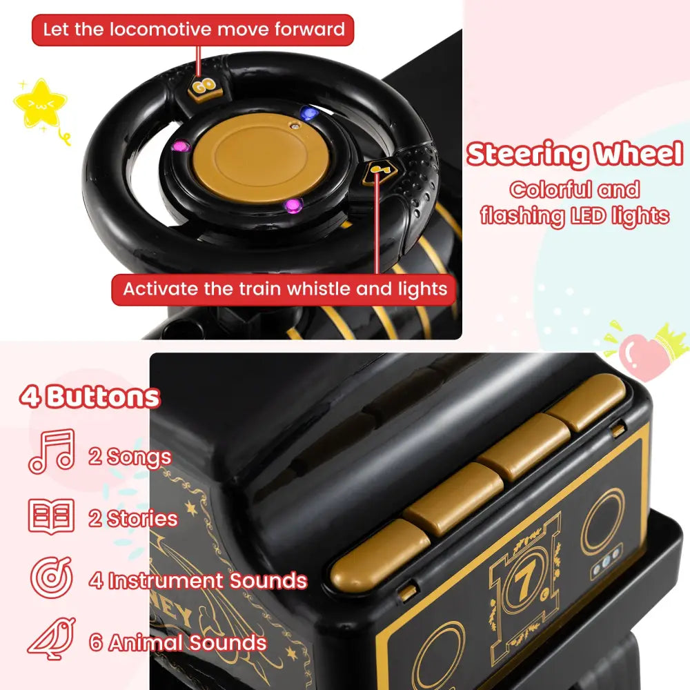 6V Ride on Train 2-Seater with Carriage and Flashing LED Lights-Black - Black - Powered Ride On Toys