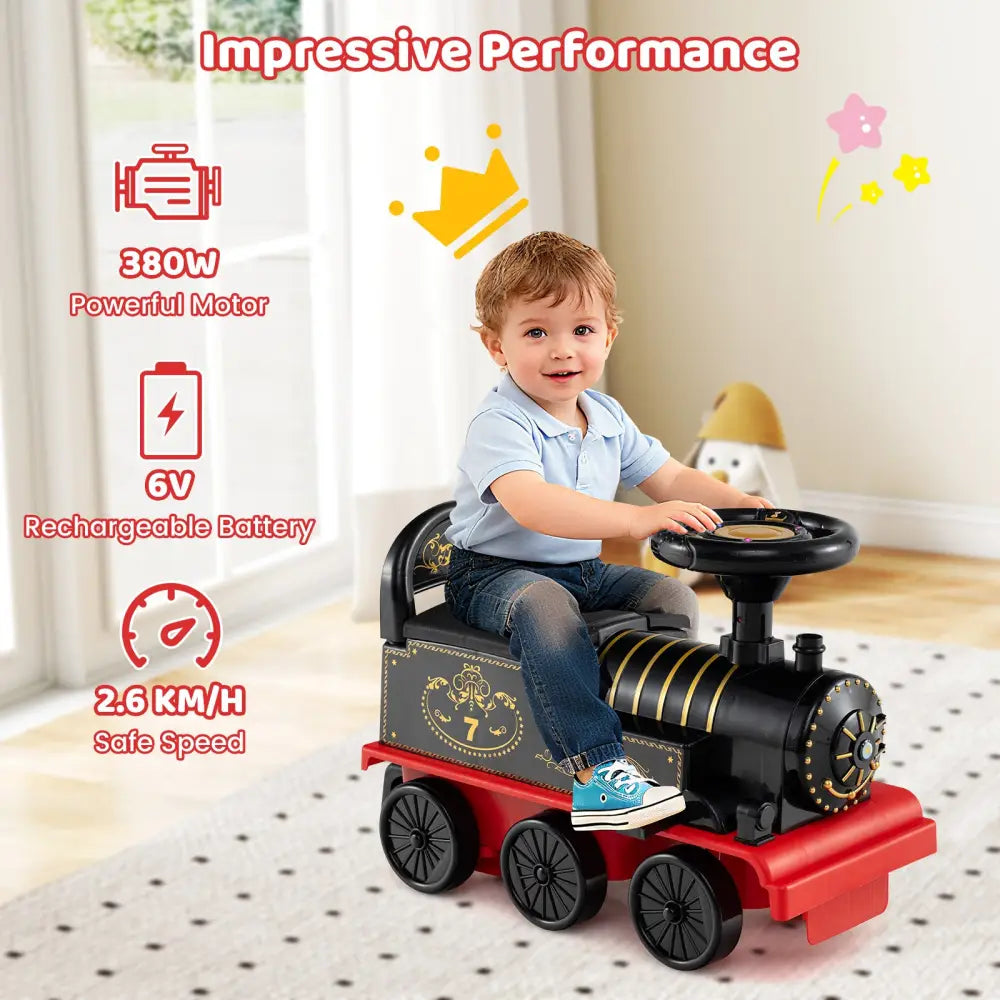 6V Ride on Train 2-Seater with Carriage and Flashing LED Lights-Black - Black - Powered Ride On Toys