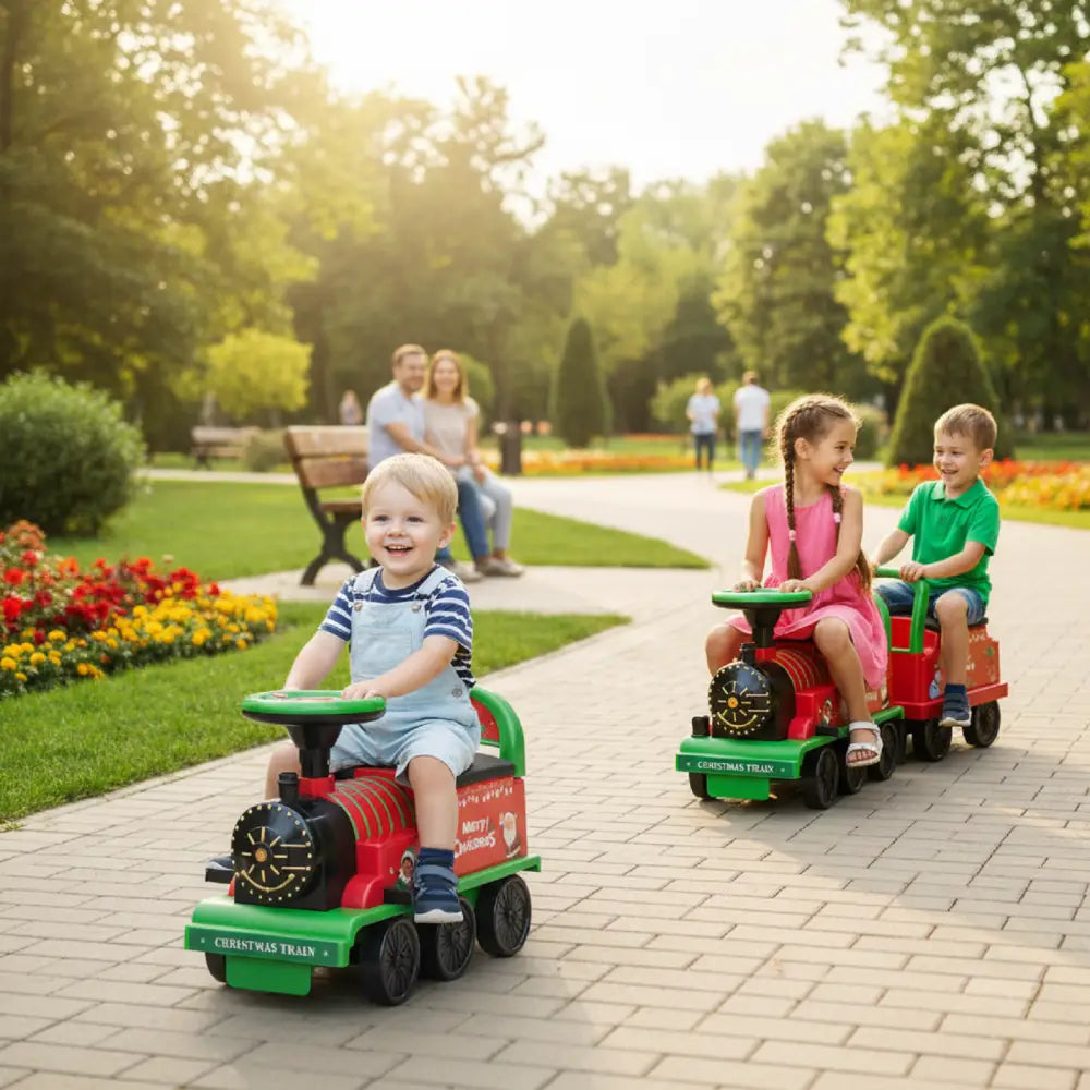 6V Toddler Ride On Train Combo: Track Ride & 2-Seater Carriage Set - Green - Powered Ride On Toys