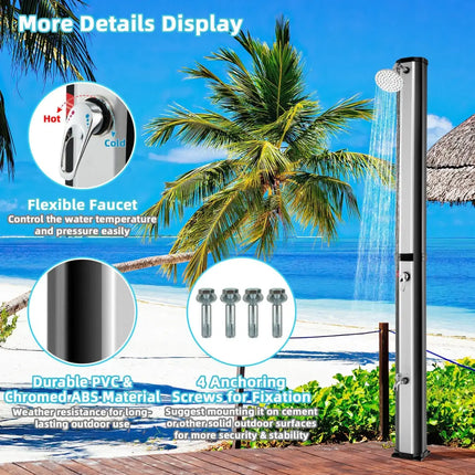 7.2 Feet 9.3 Gallon Solar Heated Shower with Adjustable Head and Foot Tap - Black - Portable Toilets & Showers