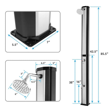 7.2 Feet 9.3 Gallon Solar Heated Shower with Adjustable Head and Foot Tap - Black - Portable Toilets & Showers