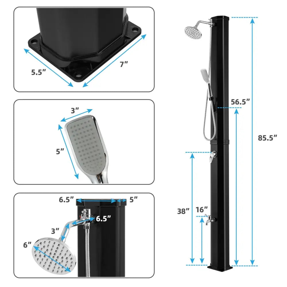 7.2 Feet 9.3 Gallon Solar Heated Shower with Hand and Foot Tap - Black - Portable Toilets & Showers
