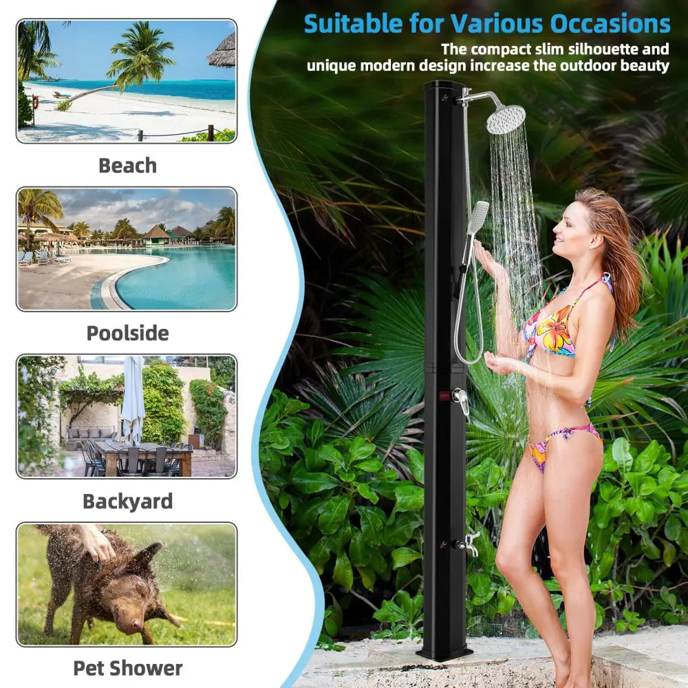 7.2 Feet 9.3 Gallon Solar Heated Shower with Hand and Foot Tap - Black - Portable Toilets & Showers
