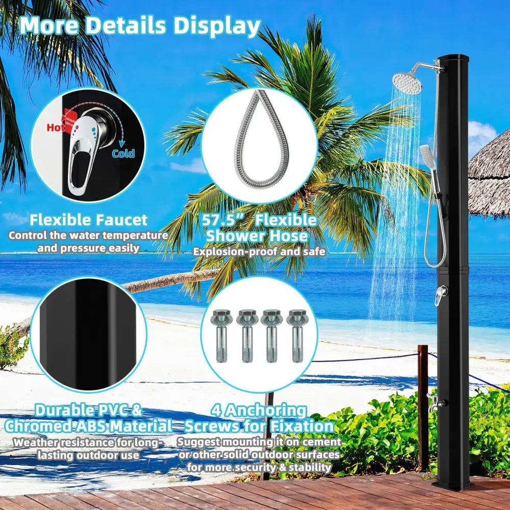 7.2 Feet 9.3 Gallon Solar Heated Shower with Hand and Foot Tap - Black - Portable Toilets & Showers
