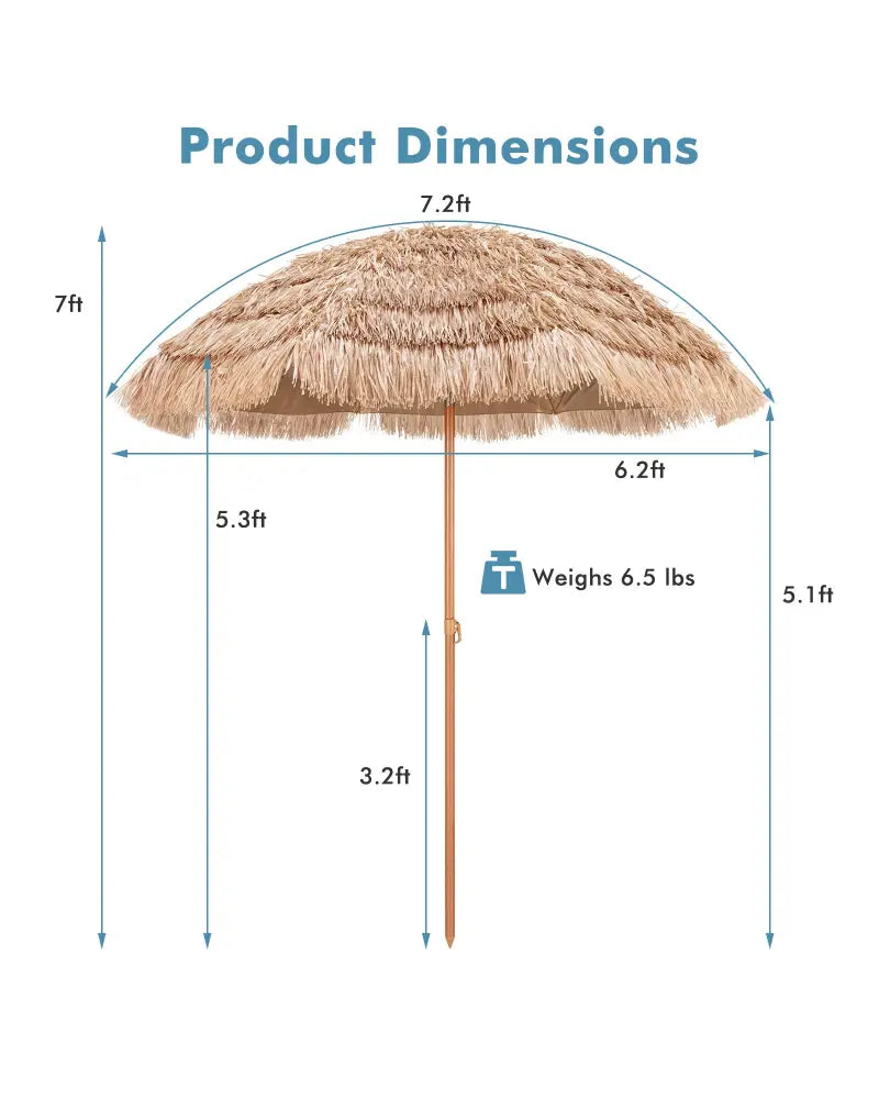 7.2 Feet Patio Thatched Tiki Umbrella Hawaiian Hula Beach Umbrella - Outdoor Umbrellas