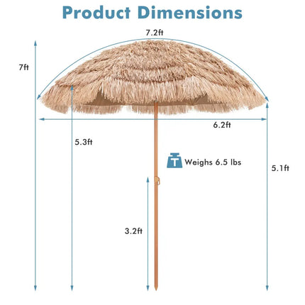7.2 Feet Patio Thatched Tiki Umbrella Hawaiian Hula Beach Umbrella - Outdoor Umbrellas