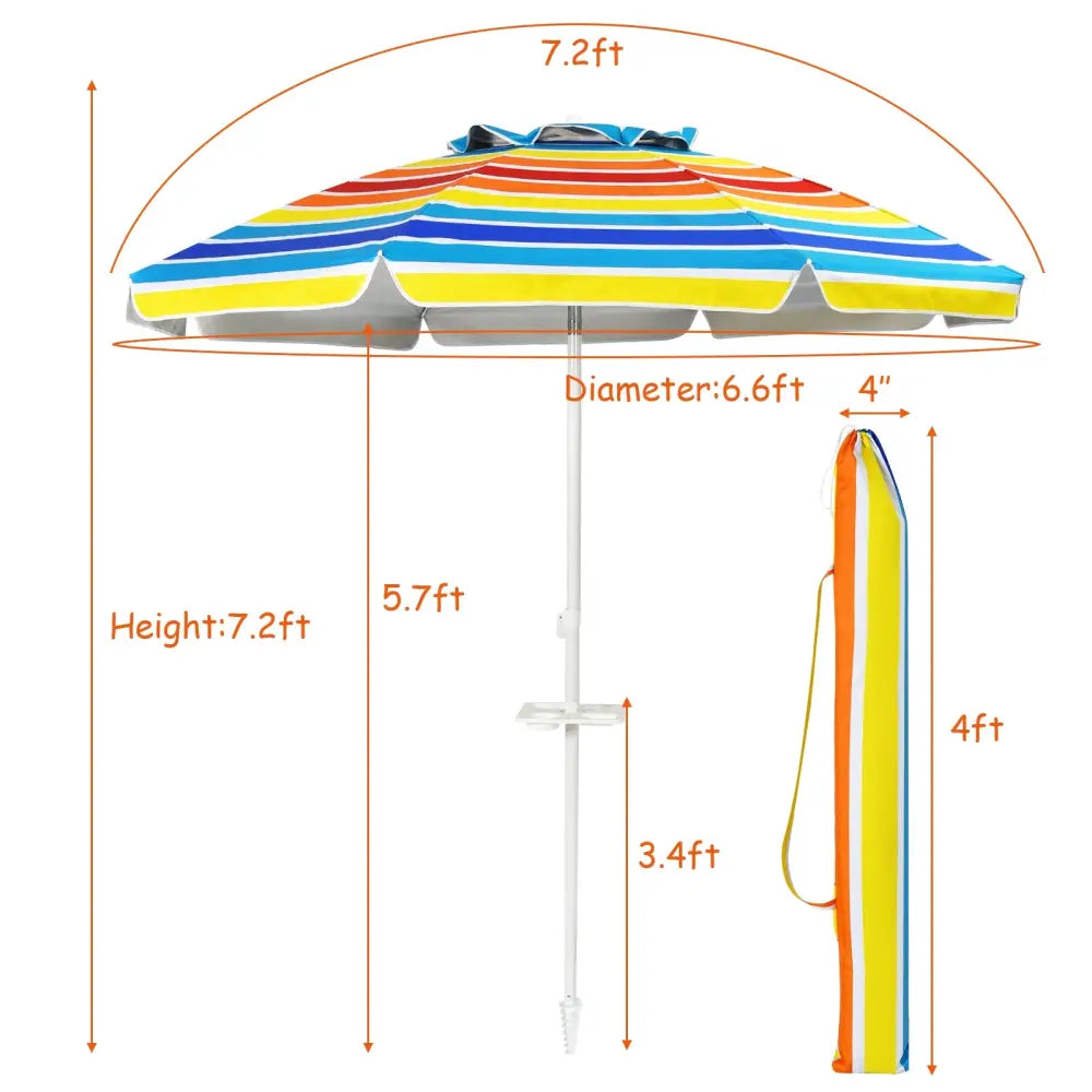 7.2 Feet Portable Outdoor Beach Umbrella with Sand Anchor and Tilt Mechanism for Poolside and Garden-Multicolor