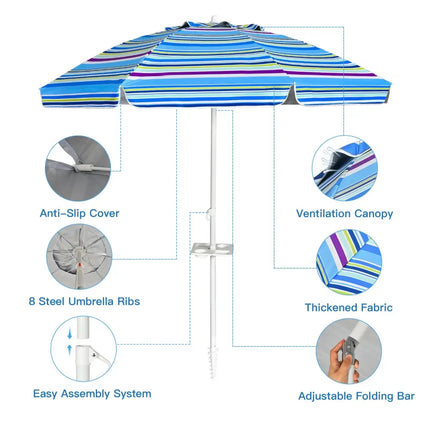 7.2 Feet Portable Outdoor Beach Umbrella with Sand Anchor and Tilt Mechanism-Blue - Blue - Outdoor Umbrellas
