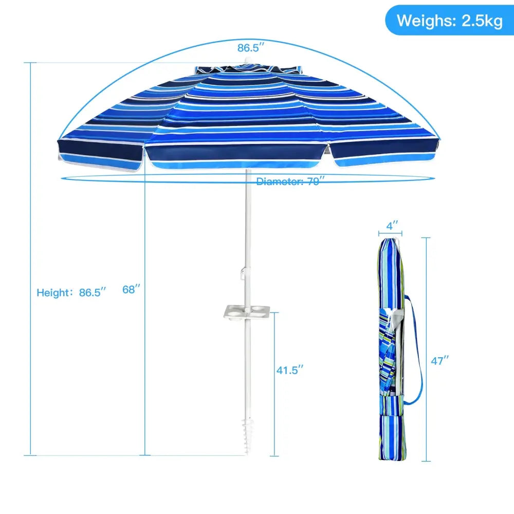 7.2 Feet Portable Outdoor Beach Umbrella with Sand Anchor and Tilt Mechanism for Poolside and Garden-Navy - Navy