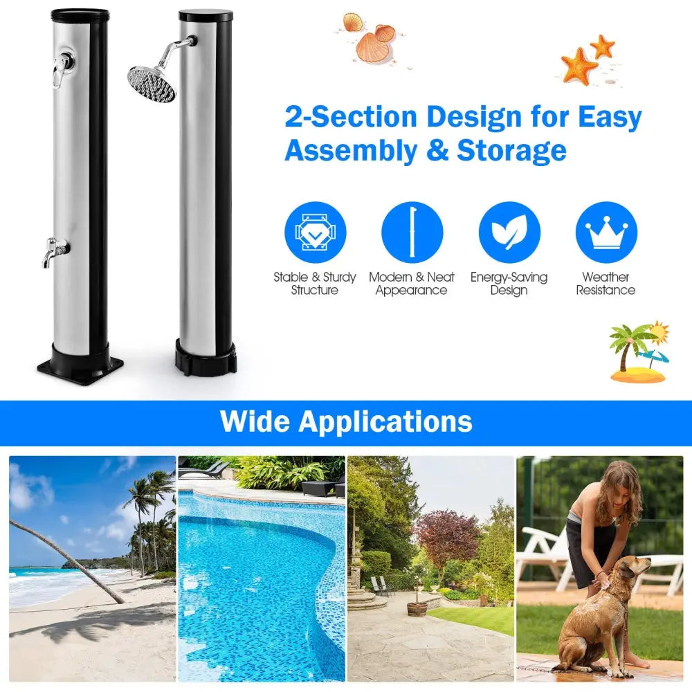 7.2 Feet Solar-Heated Outdoor Shower with Free-Rotating Shower Head-Silver - Silver - Portable Toilets & Showers