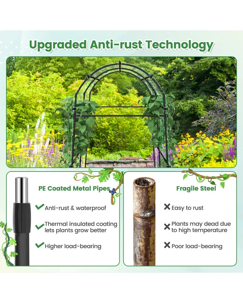 7.5 Feet Garden Arch Trellis with PE Coated Metal Structure - Black - Plant Supports