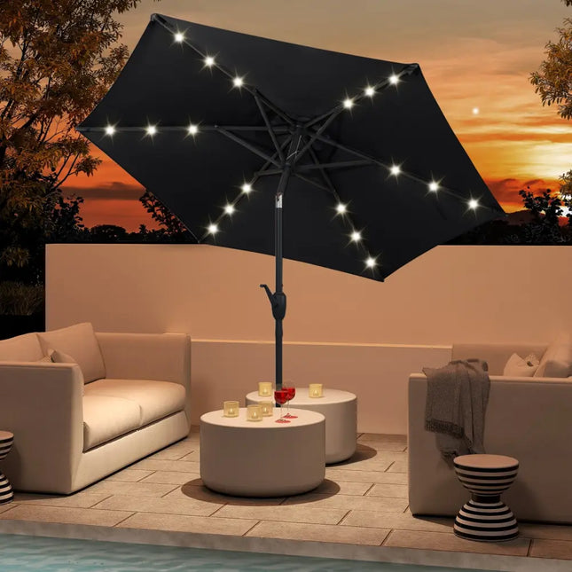 7.5 Feet Solar Powered Patio Umbrella with LED Lights and Crank Handle-Black - Black - Outdoor Umbrellas