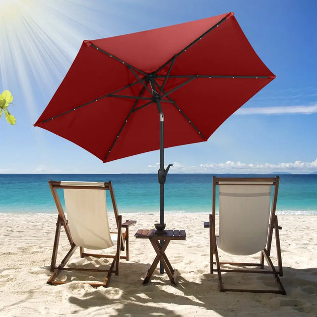 7.5 Feet Solar Powered Patio Umbrella with LED Lights and Crank Handle-Burgundy - Burgundy - Outdoor Umbrellas