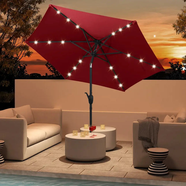 7.5 Feet Solar Powered Patio Umbrella with LED Lights and Crank Handle-Burgundy - Burgundy - Outdoor Umbrellas