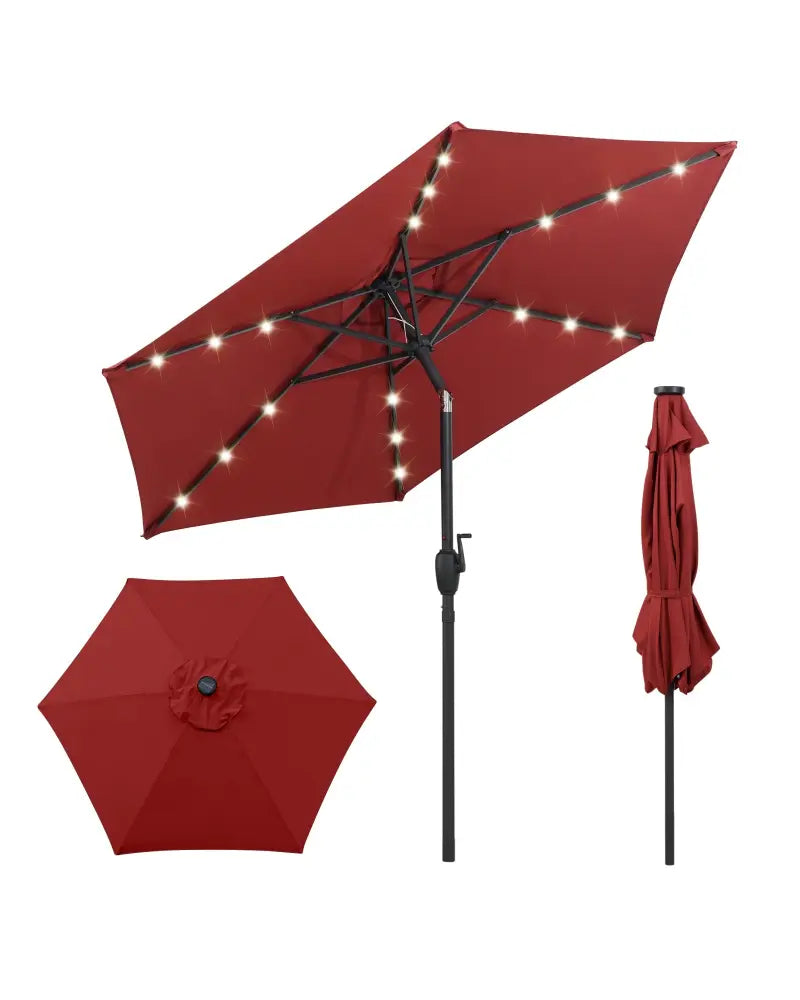 7.5 Feet Solar Powered Patio Umbrella with LED Lights and Crank Handle-Burgundy - Burgundy - Outdoor Umbrellas