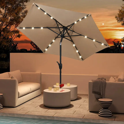 7.5 Feet Solar Powered Patio Umbrella with LED Lights and Crank Handle-Beige - Beige - Outdoor Umbrellas