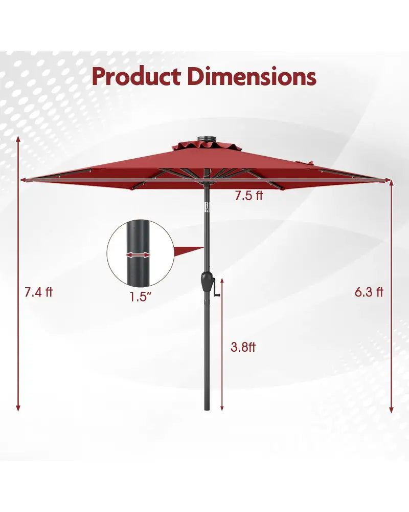 7.5 Feet Solar Powered Patio Umbrella with LED Lights and Crank Handle-Burgundy - Burgundy - Outdoor Umbrellas