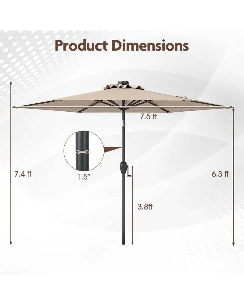 7.5 Feet Solar Powered Patio Umbrella with LED Lights and Crank Handle-Tan - Tan - Outdoor Umbrellas