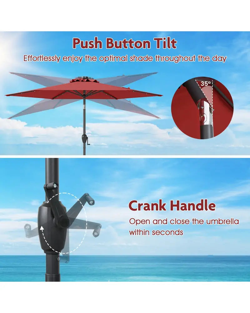 7.5 Feet Solar Powered Patio Umbrella with LED Lights and Crank Handle-Burgundy - Burgundy - Outdoor Umbrellas