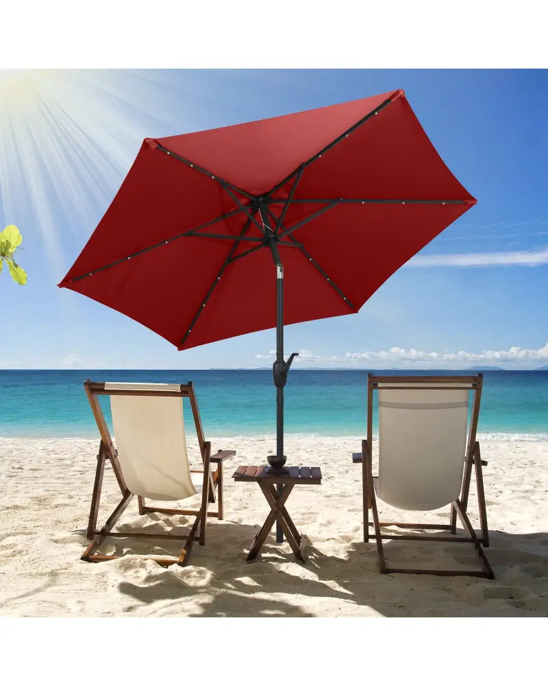 7.5 Feet Solar Powered Patio Umbrella with LED Lights and Crank Handle-Burgundy - Burgundy - Outdoor Umbrellas