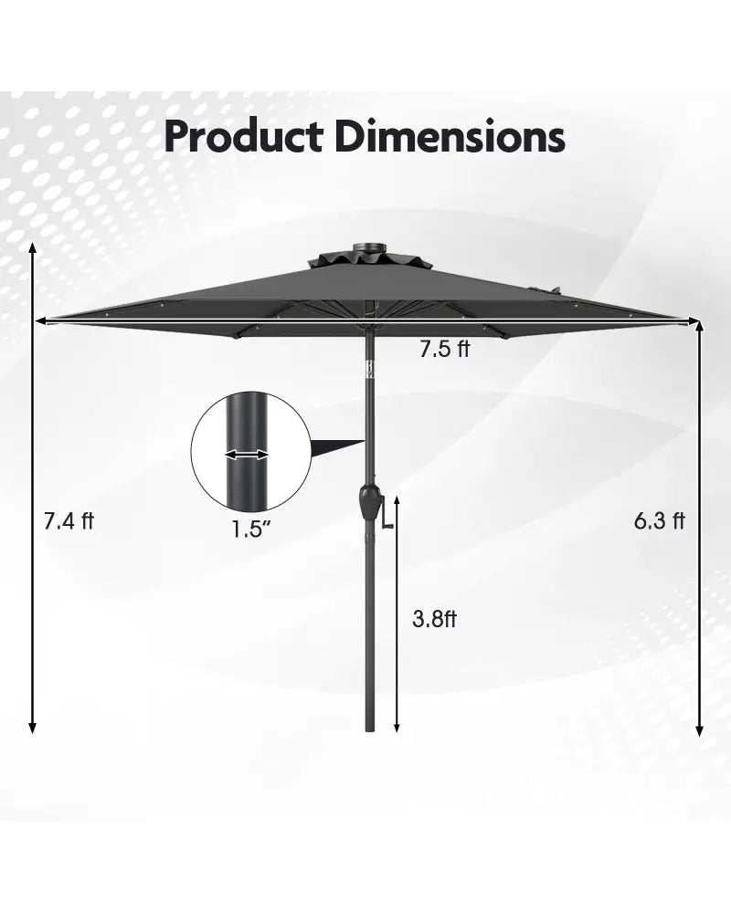 7.5 Feet Solar Powered Patio Umbrella with LED Lights and Crank Handle-Gray - Gray - Outdoor Umbrellas