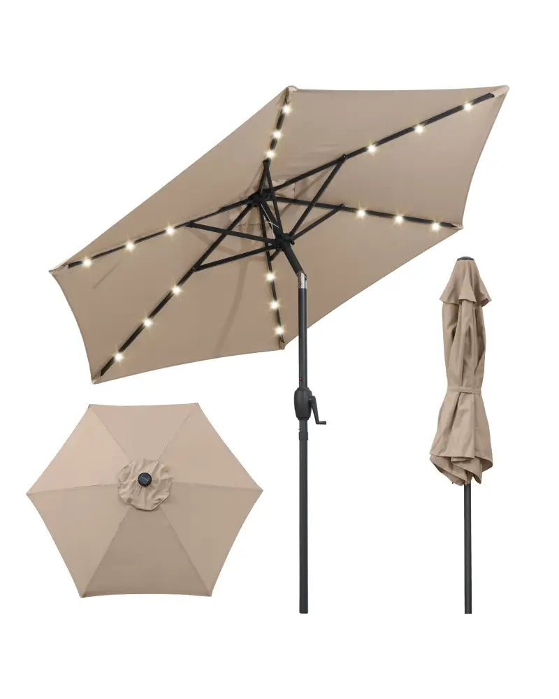 7.5 Feet Solar Powered Patio Umbrella with LED Lights and Crank Handle-Tan - Tan - Outdoor Umbrellas