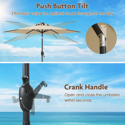 7.5 Feet Solar Powered Patio Umbrella with LED Lights and Crank Handle-Beige - Beige - Outdoor Umbrellas