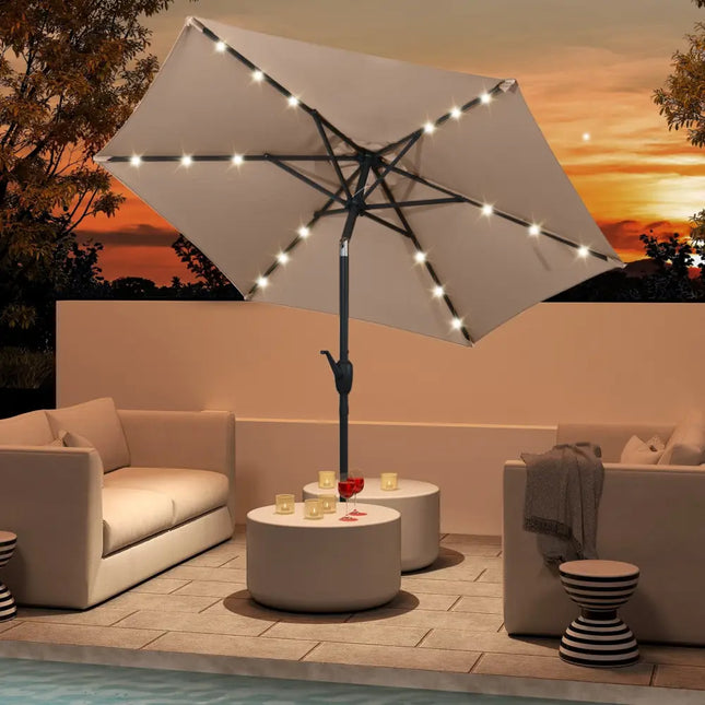 7.5 Feet Solar Powered Patio Umbrella with LED Lights and Crank Handle-Tan - Tan - Outdoor Umbrellas