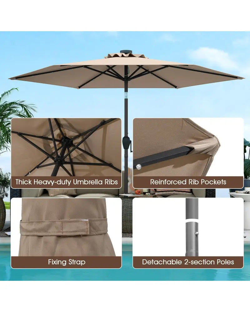 7.5 Feet Solar Powered Patio Umbrella with LED Lights and Crank Handle-Tan - Tan - Outdoor Umbrellas