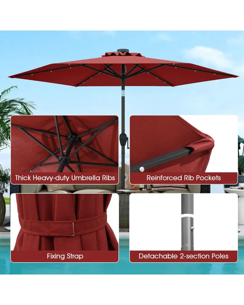 7.5 Feet Solar Powered Patio Umbrella with LED Lights and Crank Handle-Burgundy - Burgundy - Outdoor Umbrellas
